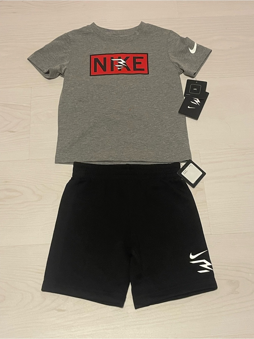 Nike Gray Tee with Red Logo and Black Shorts Kids Matching Set - Picture 1 of 3